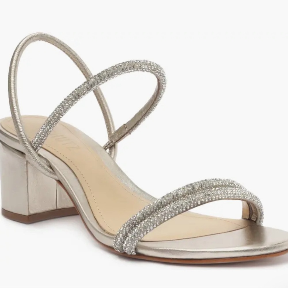 NEW Schutz Gold Crystal WHITELEY metallic BLOCK HEELS SHOES Sandals 6.5 - Picture 2 of 7